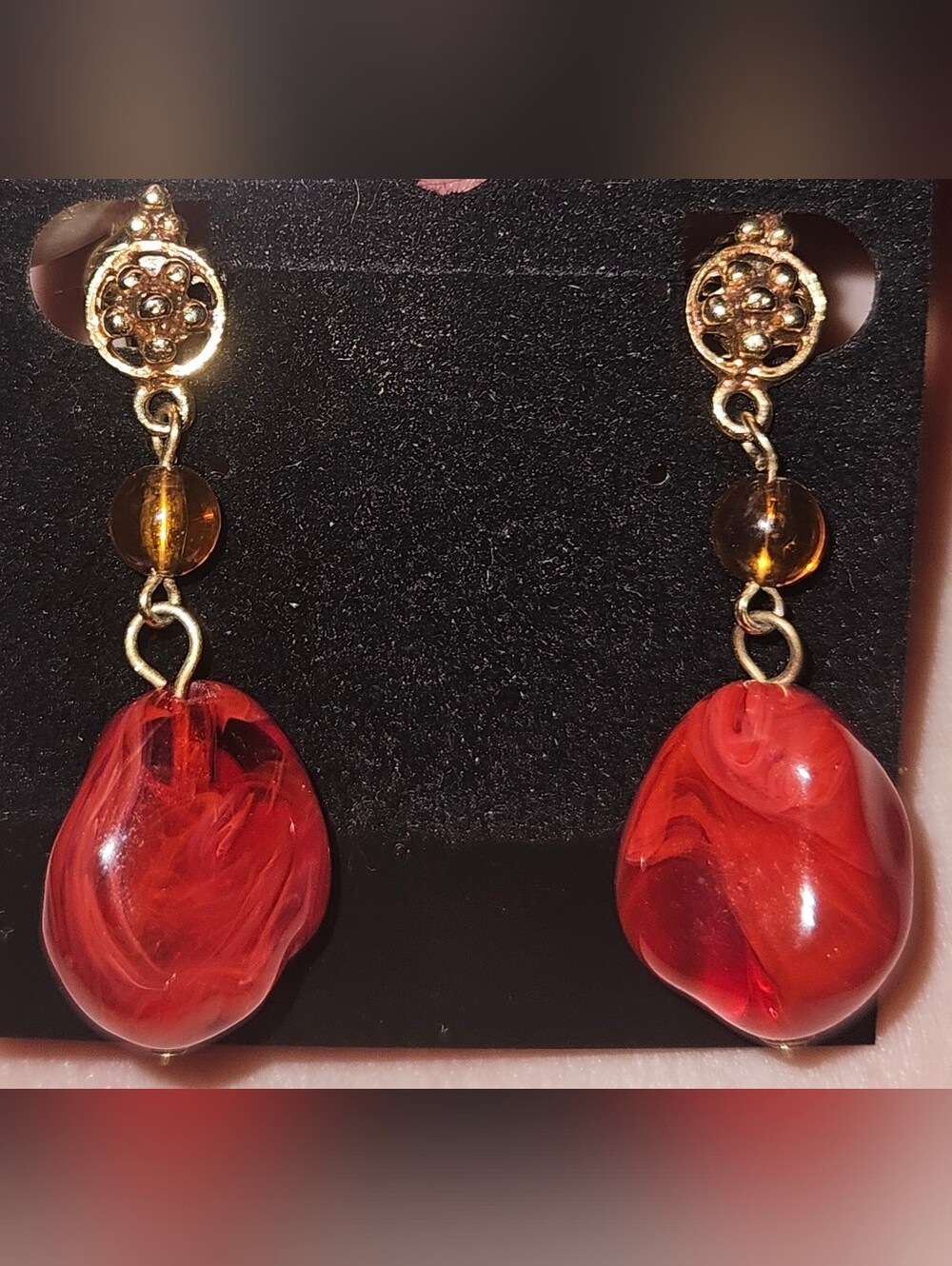 Vintage Gold Tone Faux Stone Plastic Lightweight Handmade Clip-On Earrings